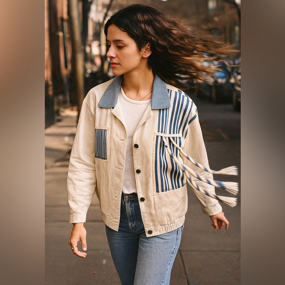 Vintage 80s “Your Way USA” Blue-Stripe Patchwork Jacket | Button Front - Picture 10 of 11